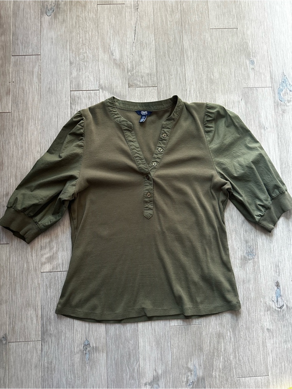 Chaps Olive Green Puff-Sleeve Henley Top Size Large